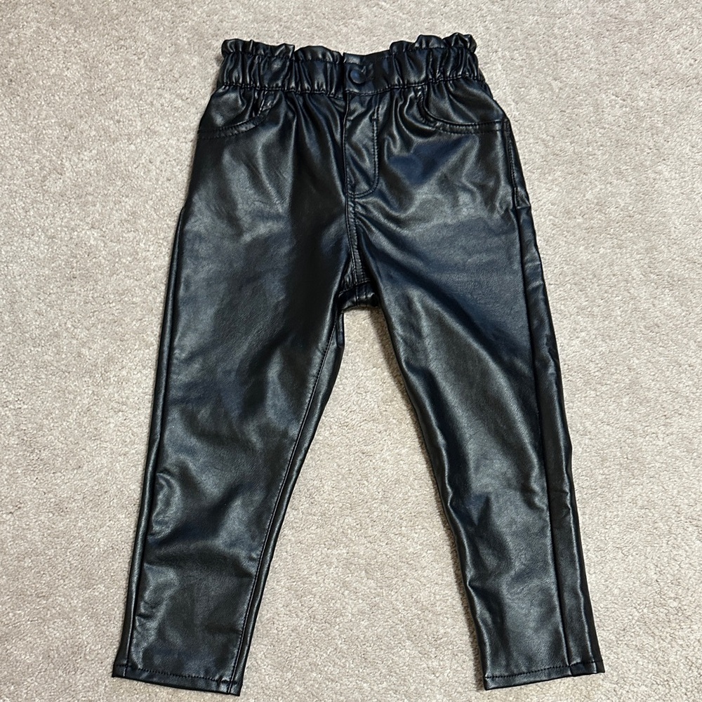 Girls Faux Leather Black Elastic Waist Pants